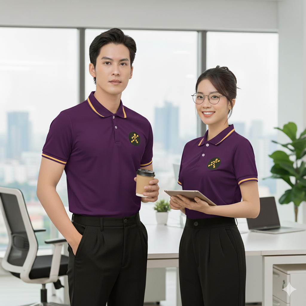 Áo thun đồng phục màu tím cổ sọc